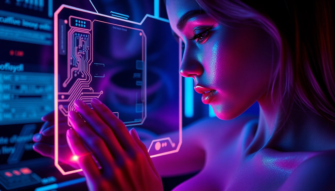 An illustration of a futuristic AI interface with a sensual AI character glowing in neon lights, evoking intimacy and high-tech seduction.