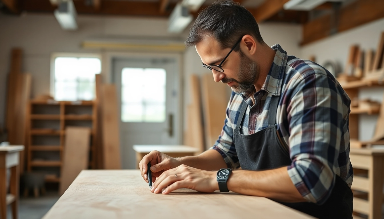 Carpenter expertly shaping a piece of wood with precision tools in a bright workshop for quality craftsmanship