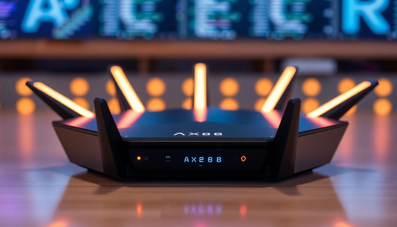 AX88 Wi-Fi router in action with glowing lights demonstrating fast wireless connectivity and modern design for tech enthusiasts.
