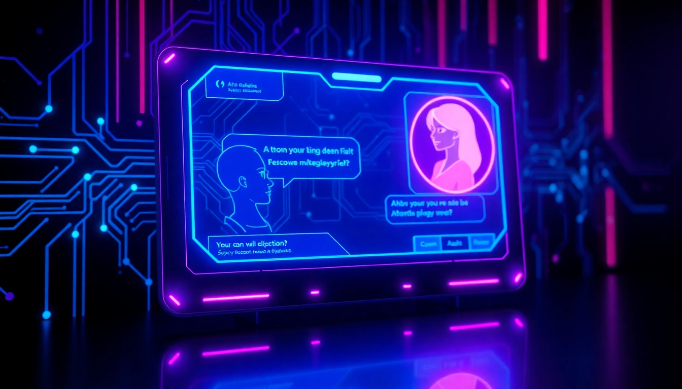 Futuristic AI chat interface with glowing holograms and an animated female AI avatar in a cyberpunk setting.