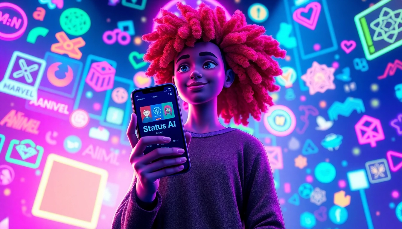Digital avatar interacting with holographic fandom icons in a vibrant, high-tech social media universe.