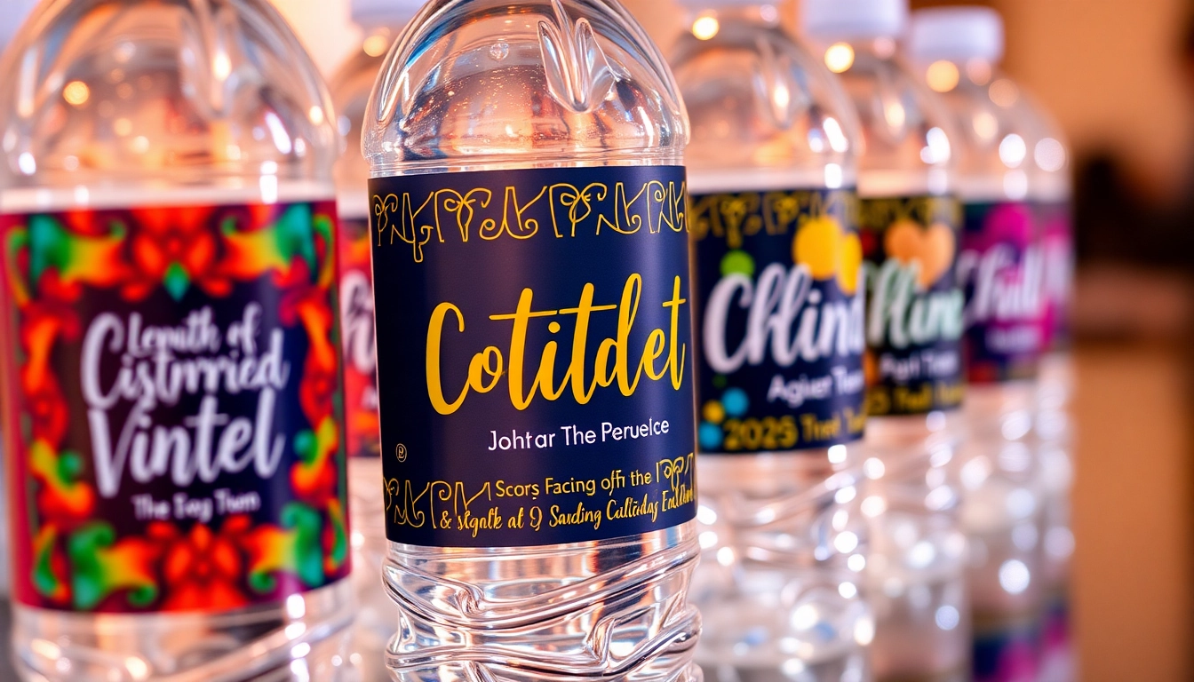 Custom water bottle labels being applied to water bottles for a wedding reception, showcasing vivid colors and waterproof features for branding and gifting.