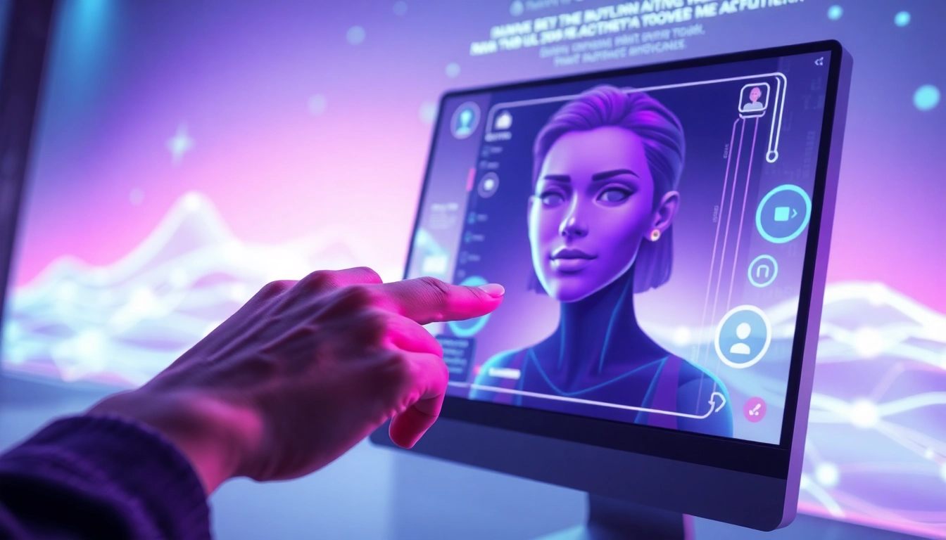 Futuristic digital scene of AI chat interface with holographic visuals and a user interacting with an AI character.