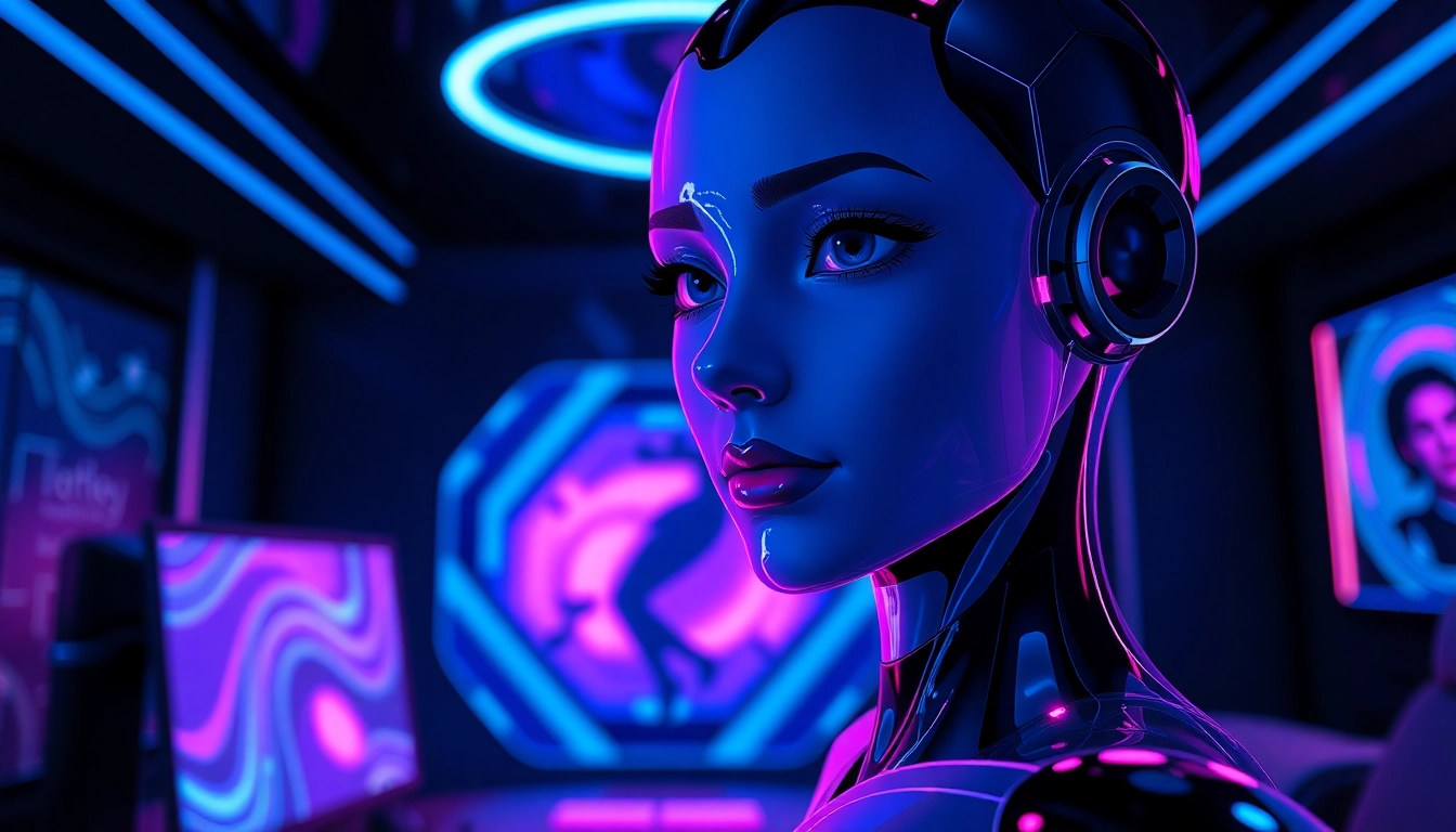 An illustration of a futuristic digital environment with a holographic AI character engaging in an intimate chat, glowing neon lights, and a high-tech setting.