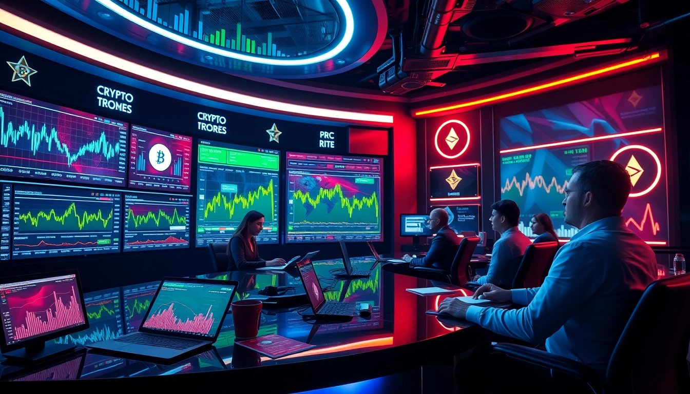 Engaging crypto news scene with analysts analyzing digital charts and crypto data for latest updates