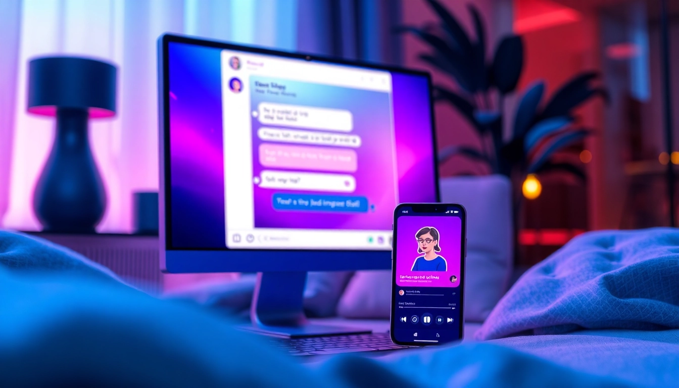Close-up of a computer and mobile screen showing an engaging AI chat conversation with customizable characters in a cozy, modern setting.