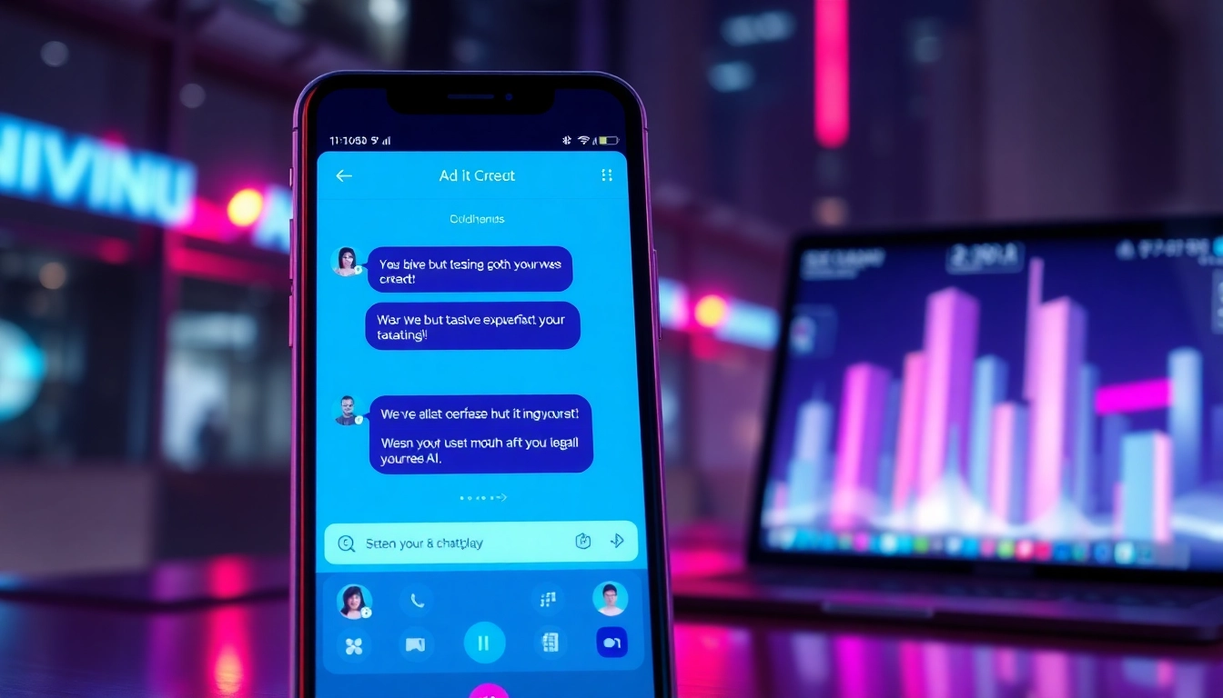 Close-up of smartphone and desktop screens displaying a suggestive AI chat interface with vibrant neon colors and futuristic design elements.