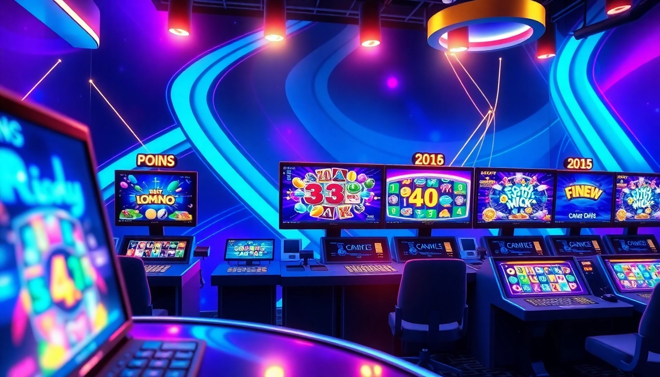 Colorful online gaming setup with screens displaying casino games and neon lighting effect.