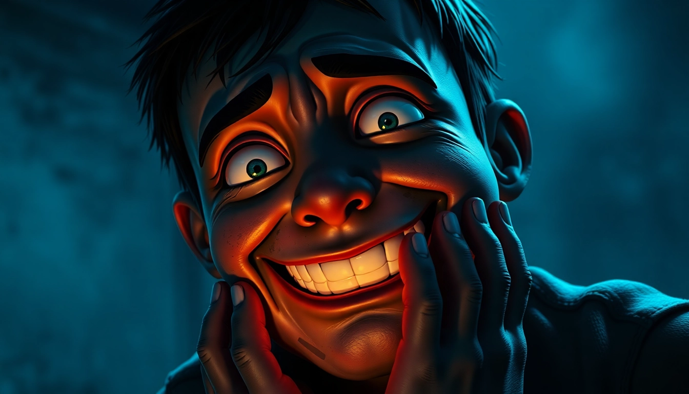 A distressed cartoonish character named Harvey with a bright smile and pained eyes, in a dark, horror-themed setting.
