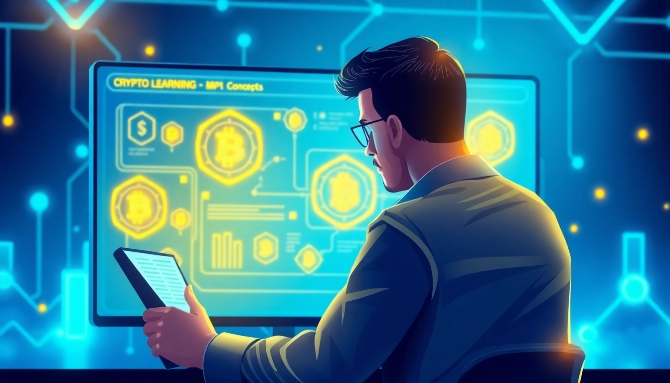 A person engaged in crypto learning through an interactive digital interface featuring blockchain and cryptocurrency icons, highlighting educational focus.