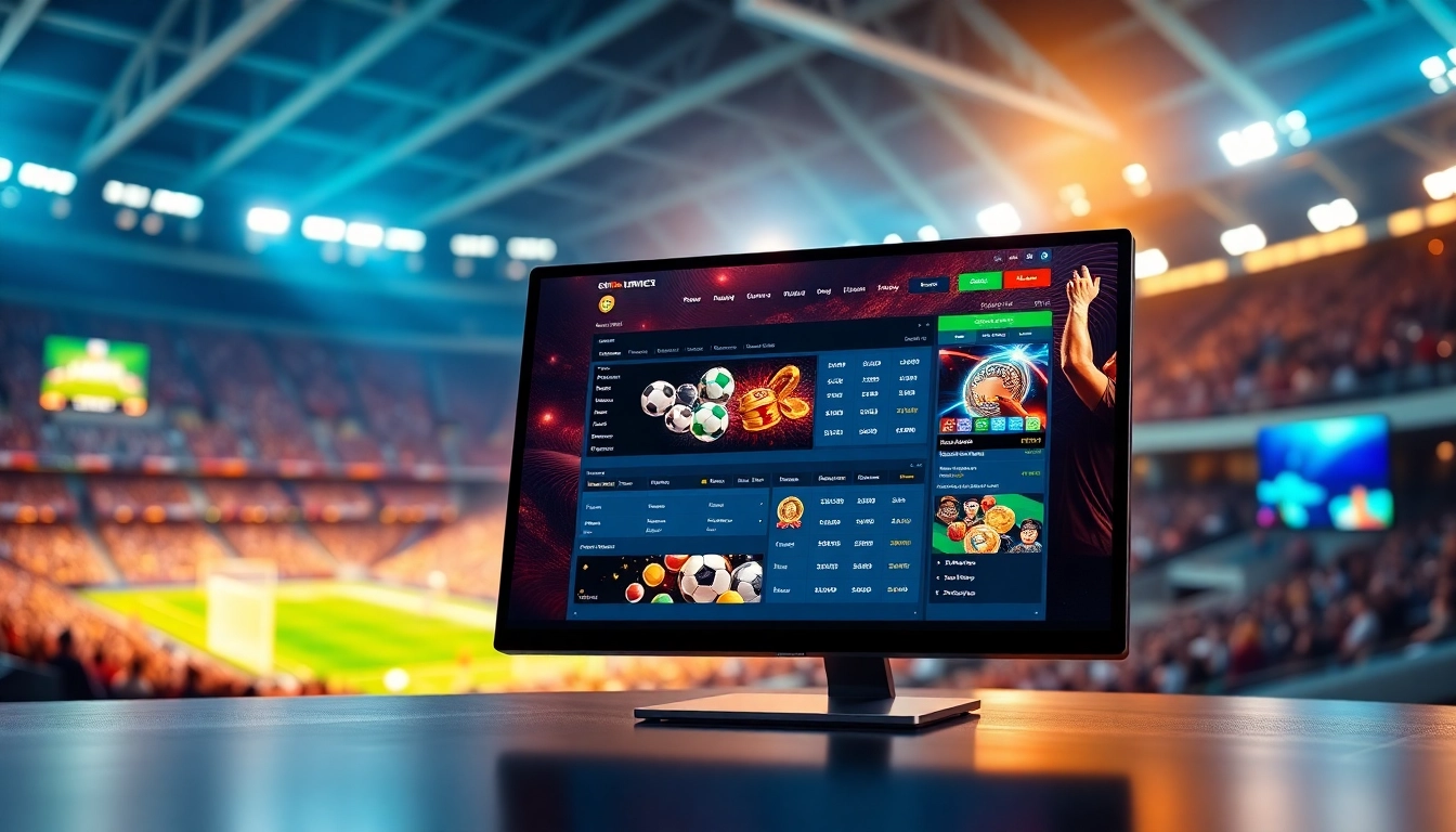 An engaging digital scene of an online sportsbook and casino platform with a lively sports stadium in the background, highlighting excitement and modern gaming technology.