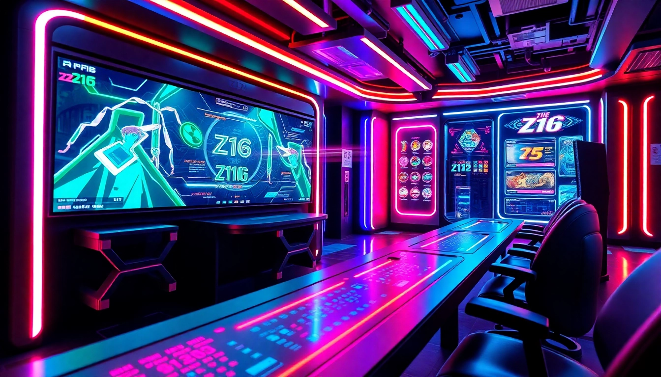 Z16 gaming interface with vibrant neon lights and futuristic design, showcasing KJC's innovative entertainment platform.
