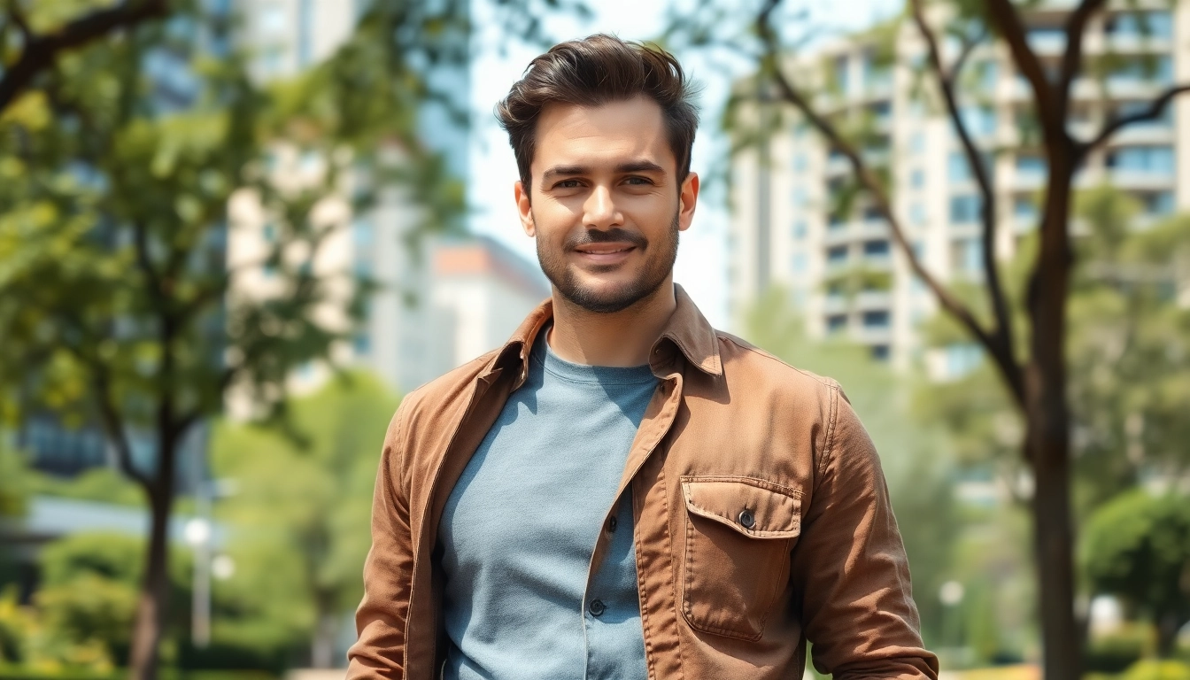A confident man in casual attire standing outdoors in a sunny urban park with city buildings in the background.