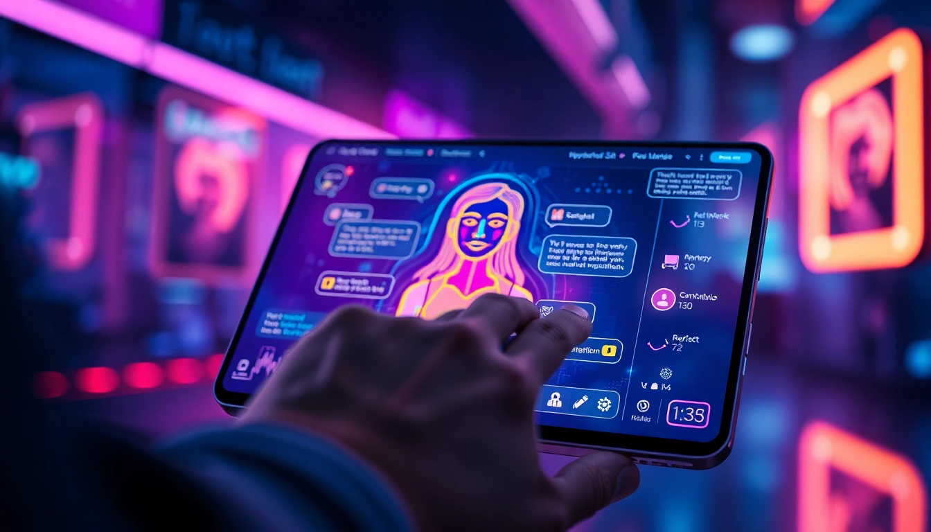 Futuristic digital chat interface with an AI character on a sleek device, glowing holographic elements, and a cybernetic background scene.