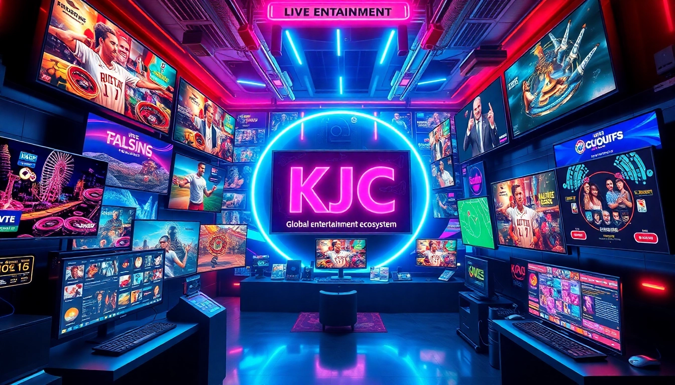 KJC logo displayed on dynamic screens representing global entertainment, emphasizing innovation