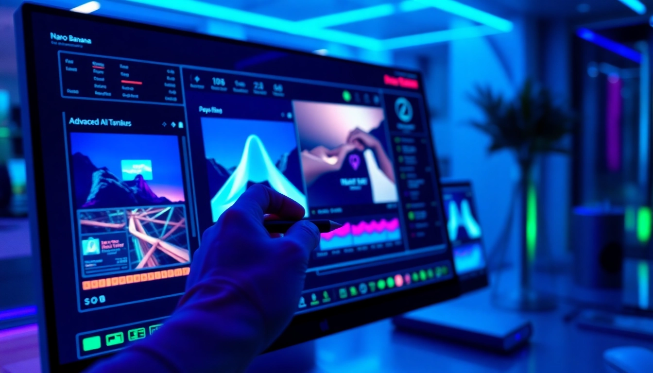 A futuristic digital workspace with AI-powered image editing interface on a high-tech screen, glowing with vibrant colors.
