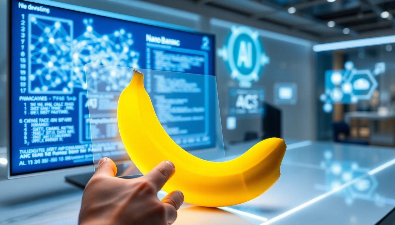Futuristic workspace with AI code and a detailed nano banana on a digital screen.