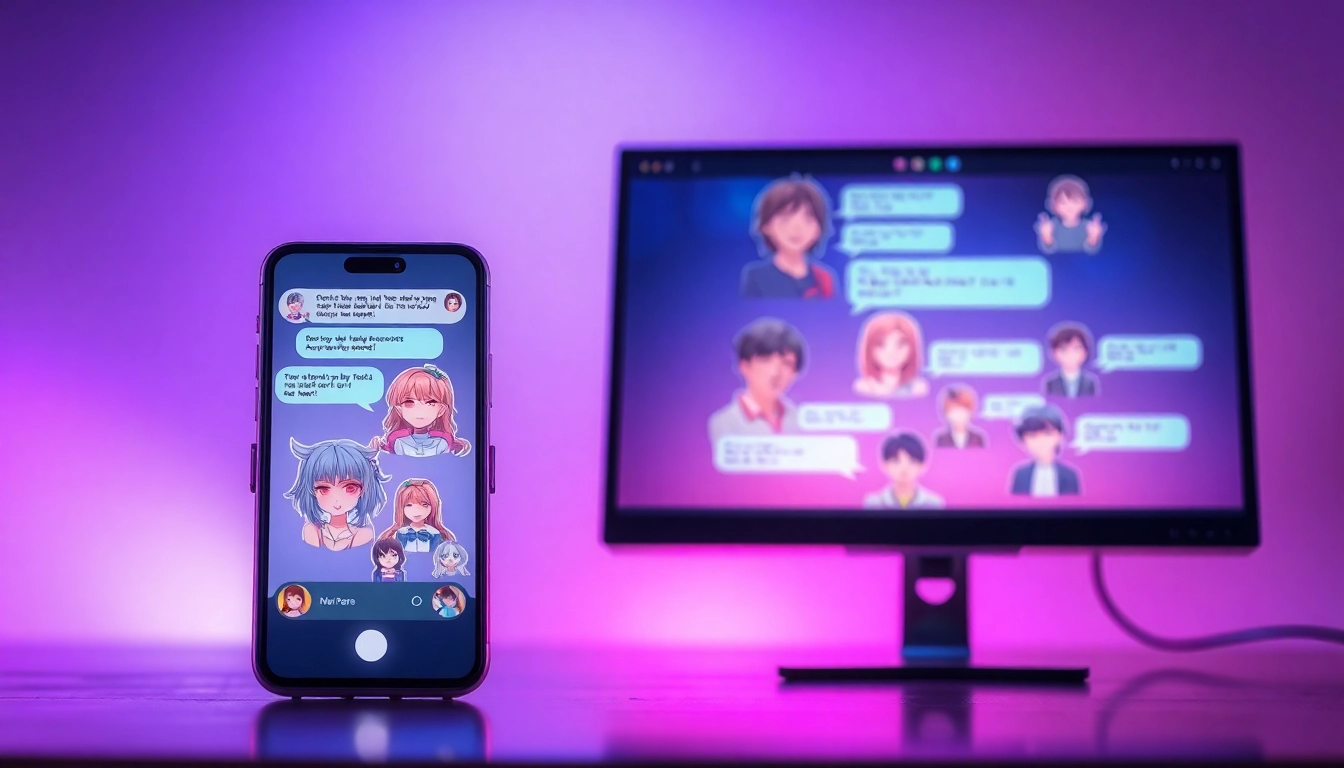 Futuristic digital chat interface with customizable AI characters on mobile and desktop devices in neon-lit setting.