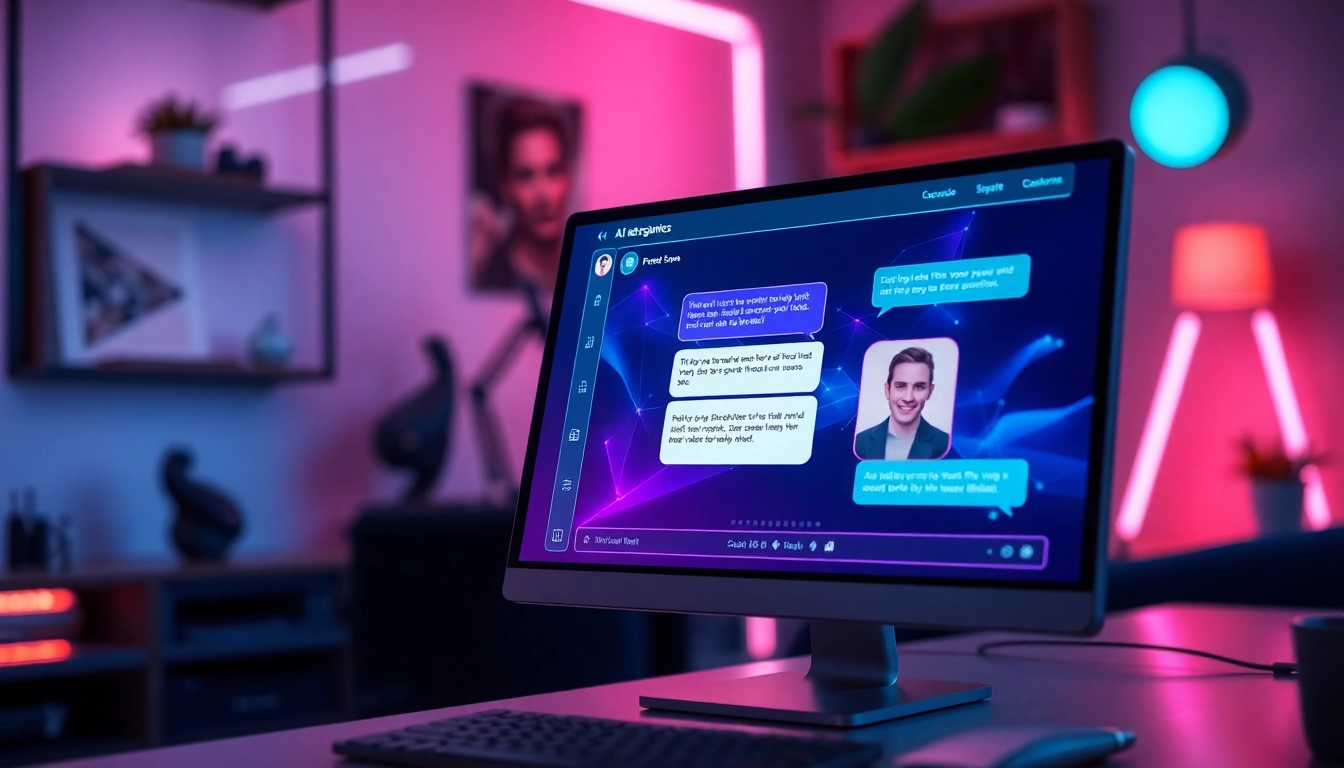 A modern digital workspace with a holographic chat interface showcasing an AI character, glowing neon accents, and a cozy, high-tech atmosphere.
