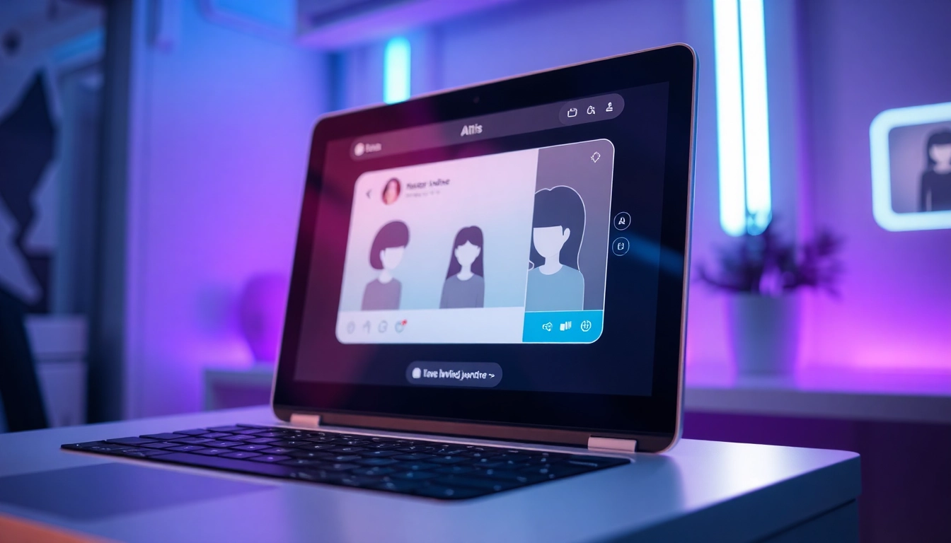 An illustration of a futuristic digital chat environment with holographic AI characters in a neon-lit room.