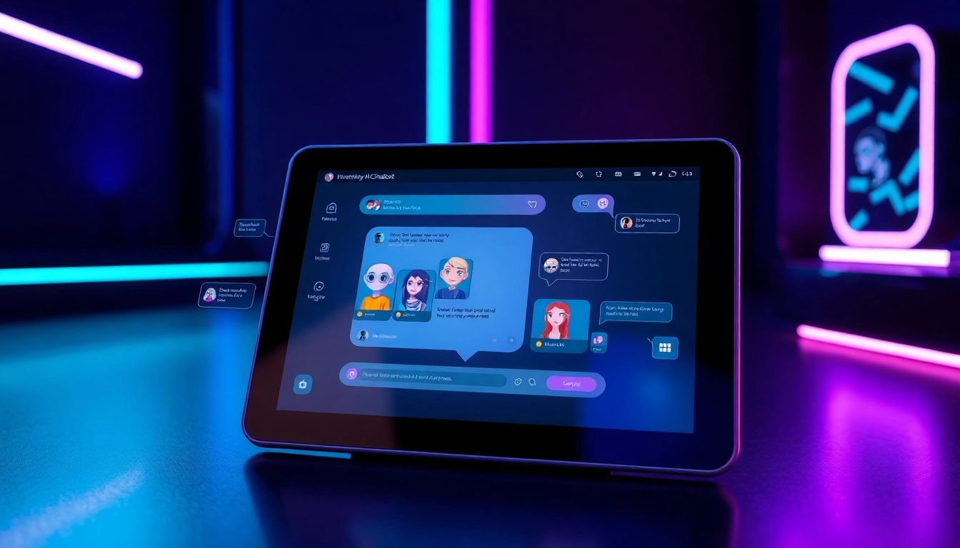 Futuristic AI chat platform on a tablet with holographic elements and colorful avatars in a cyberpunk-inspired setting.