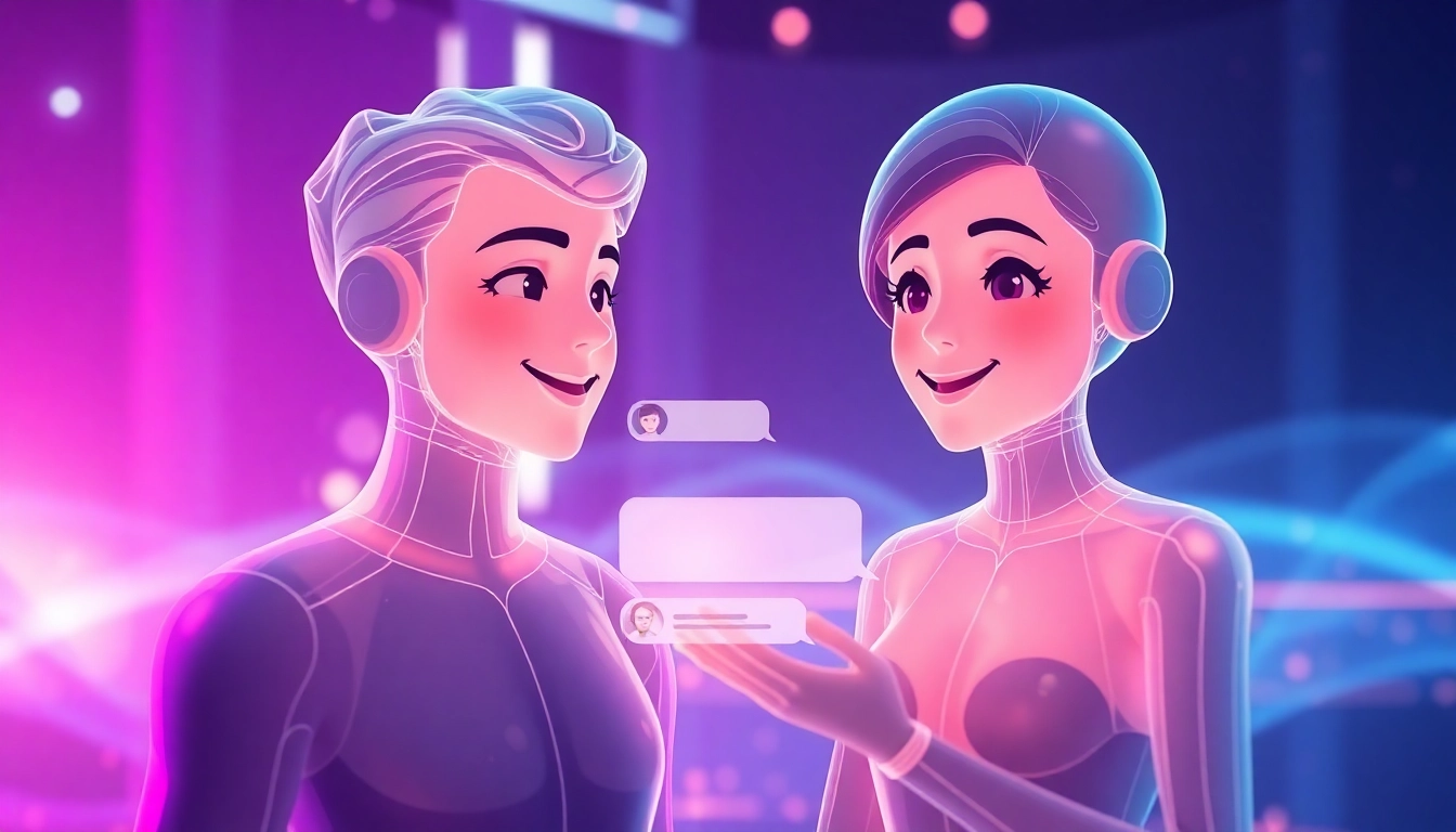 Futuristic digital scene of two holographic AI chat characters engaging in a spicy conversation