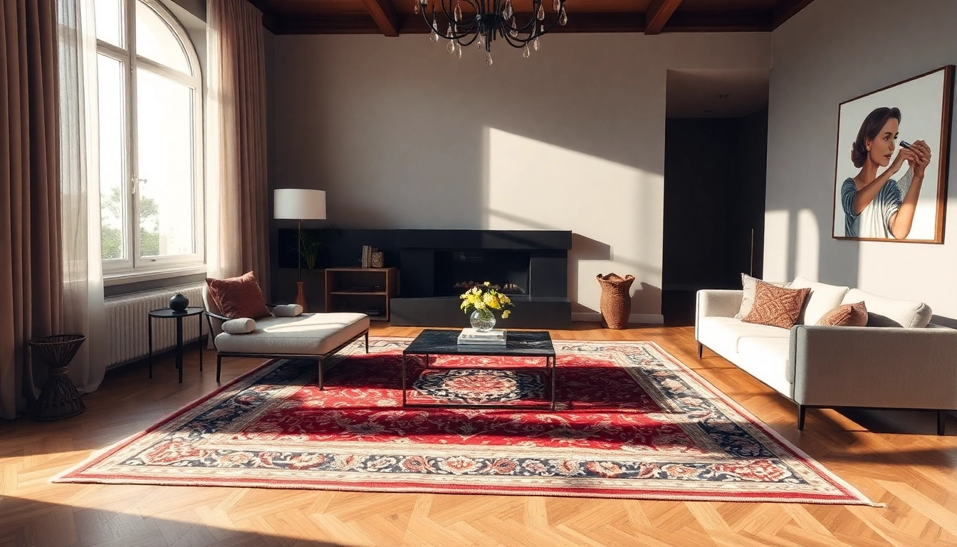 Create a high-quality Tappeto persiano Milano scene featuring a handwoven Persian rug styled in