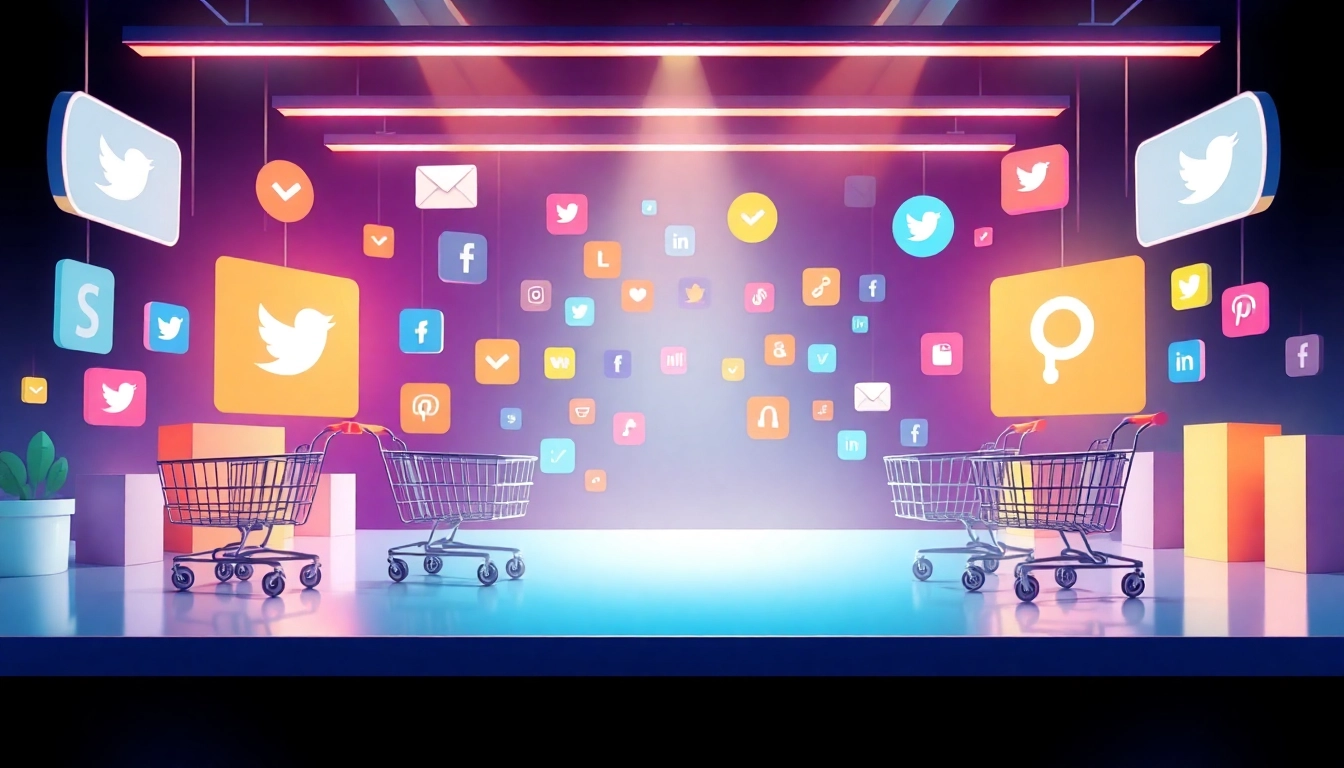 Social Media Commerce News updates with trending icons and shopping symbols in a vibrant