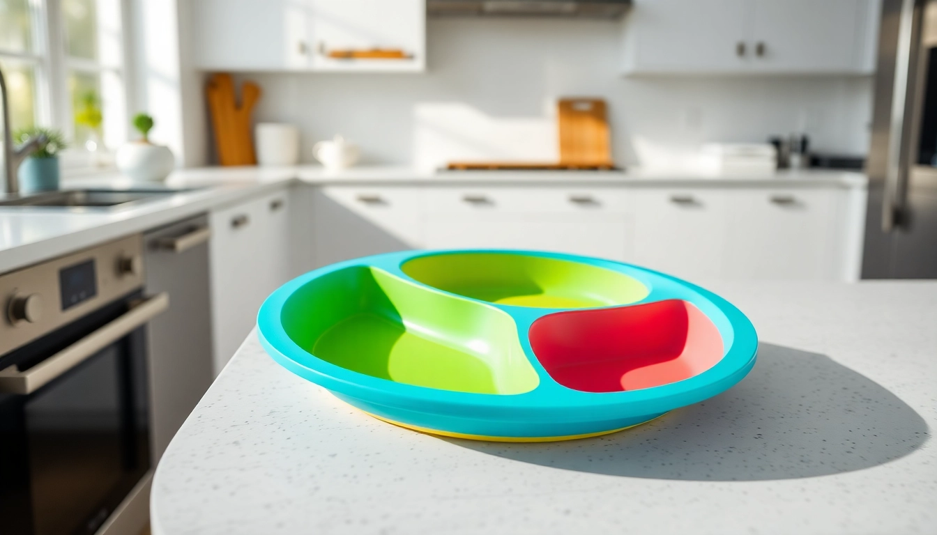 Piatto silicone divisorio 3 scomparti displayed on table with colorful food sections