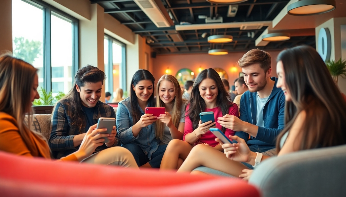 Engaging users enjoying Greek chat on devices in a modern lively space for social connection
